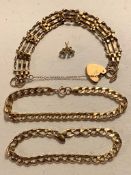 TWO 9ct GOLD CHAIN BRACELETS, 9ct GATE BRACELET WITH HEART LOCK AND A PAIR OF UNMARKED METAL TOPAZ