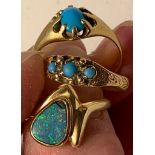 14ct GOLD BLACK OPAL RING. APPROX 3.5G, 22ct GOLD RING WITH THREE TURQUOISE COLOURED STONES.