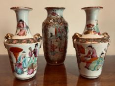 PAIR OF CANTONESE VASES, APPROXIMATELY 14cm HIGH, PLUS ANOTHER