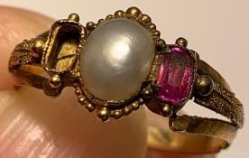UNMARKED RING SET WITH ONE PEARL AND ONE PINK RUBY APPROX 0.15ct, TOTAL WEIGHT APPROXIMATELY 2g
