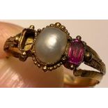 UNMARKED RING SET WITH ONE PEARL AND ONE PINK RUBY APPROX 0.15ct, TOTAL WEIGHT APPROXIMATELY 2g