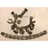 CHARM BRACELET WITH STERLING SILVER HEART LOCK AND TEN UNMARKED CHARMS, PLUS BRACELET WITH SHELL AND