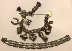 CHARM BRACELET WITH STERLING SILVER HEART LOCK AND TEN UNMARKED CHARMS, PLUS BRACELET WITH SHELL AND