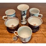 THREE ORIENTAL TEA CUPS AND SMALL VASE PLUS TWO TEA BOWLS, ALL 19th CENTURY