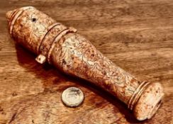 ORIENTAL MARBLE MINIATURE CANNON BARREL, INCISED DECORATION, APPROXIMATELY 20cm LONG