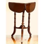 POLISHED MAHOGANY TRI-FORM DROP LEAF TABLE, THE SUPPORTS CONJOINED BY THREE STRETCHERS AND CENTRAL