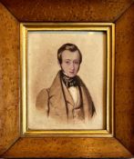 UNKNOWN SUBJECT- 3/4 PORTRAIT OF A GENT IN CRAVAT, WAISTCOAT AND JACKET, WITHIN MAPLE FRAME. APPROX.