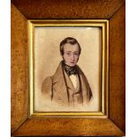 UNKNOWN SUBJECT- 3/4 PORTRAIT OF A GENT IN CRAVAT, WAISTCOAT AND JACKET, WITHIN MAPLE FRAME. APPROX.