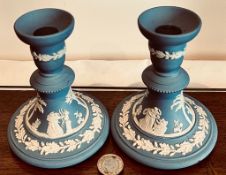 PAIR OF WEDGWOOD JASPERWARE CANDLE HOLDERS, APPROXIMATELY 12.5cm HIGH