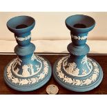 PAIR OF WEDGWOOD JASPERWARE CANDLE HOLDERS, APPROXIMATELY 12.5cm HIGH