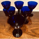 SET OF SIX BRISTOL BLUE COLOURED GLASS WINE GOBLETS, EACH APPROXIMATELY 13.75cm HIGH