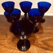 SET OF SIX BRISTOL BLUE COLOURED GLASS WINE GOBLETS, EACH APPROXIMATELY 13.75cm HIGH