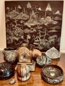 CARVED SLATE CHINESE LANDSCAPE PLUS SMALL CLOCK AND EIGHT SUNDRY ITEMS