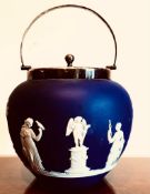 WEDGWOOD JASPERWARE BISCUIT BARREL WITH PLATED MOUNTS, APPROXIMATELY 16cm HIGH