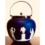 WEDGWOOD JASPERWARE BISCUIT BARREL WITH PLATED MOUNTS, APPROXIMATELY 16cm HIGH