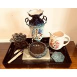 LACQUERED TRAY AND SUNDRY OBJECTS INCLUDING VASE, JUG, ONYX STORAGE BOX ETC