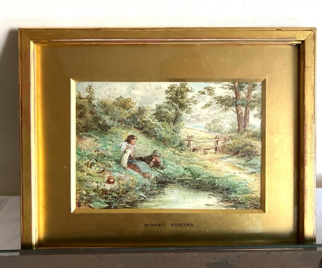 BIRKET FOSTER, WATERCOLOUR- THE FISHING POOL, MONOGRAM LOWER RIGHT, FRAMED AND GLAZED, APPROXIMATELY