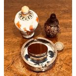 WALNUT SHELL PERFUME BOTTLE AND CERAMIC EXAMPLE, ALSO CERAMIC AND SILVER ASHTRAY AND POLISHED