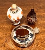 WALNUT SHELL PERFUME BOTTLE AND CERAMIC EXAMPLE, ALSO CERAMIC AND SILVER ASHTRAY AND POLISHED