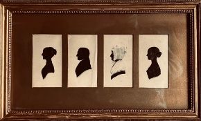 FRAMED FOUR SILHOUETTES OF AN UNKNOWN VICTORIAN FAMILY, FRAME SIZE APPROXIMATELY 30 x 47cm