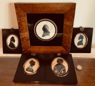 SILHOUETTE PORTRAIT IN MAPLE FRAME AND FOUR OTHERS, SUBJECTS UNKNOWN