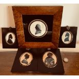 SILHOUETTE PORTRAIT IN MAPLE FRAME AND FOUR OTHERS, SUBJECTS UNKNOWN