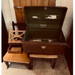 TWO CHAIRS, TIN TRAVELLING TRUNK, BOOK STAND AND TRAY