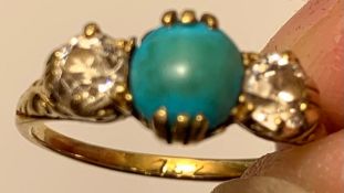 18ct GOLD RING SET WITH TWO APPROX 0.2ct DIAMONDS AND ONE TURQUOISE, WEIGHT APPROXIMATELY 2.5g