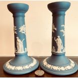 PAIR OF PALE BLUE WEDGWOOD JASPERWARE CANDLESTICKS, APPROXIMATELY 17cm HIGH