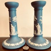 PAIR OF PALE BLUE WEDGWOOD JASPERWARE CANDLESTICKS, APPROXIMATELY 17cm HIGH