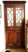 MAHOGANY GLAZED STANDING CORNER CUPBOARD, APPROXIMATELY 208cm HIGH AND 96cm WIDE