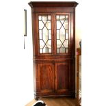 MAHOGANY GLAZED STANDING CORNER CUPBOARD, APPROXIMATELY 208cm HIGH AND 96cm WIDE