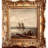 UNSIGNED, OIL ON BOARD- TENDING THE NETS, WITHIN PAINTED GILT FRAME, APPROXIMATELY 22 x 19cm
