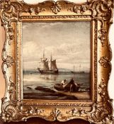 UNSIGNED, OIL ON BOARD- TENDING THE NETS, WITHIN PAINTED GILT FRAME, APPROXIMATELY 22 x 19cm