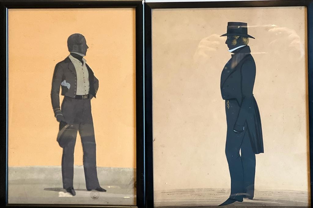 TWO SIMILAR SIZED SILHOUETTE FULL LENGTH PORTRAITS, ADDED COLOUR, SUBJECTS UNKNOWN, BOTH