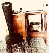 MAHOGANY CUPBOARD, SPINNING CHAIR, PINE TABLE AND THREE BOWLS