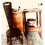 MAHOGANY CUPBOARD, SPINNING CHAIR, PINE TABLE AND THREE BOWLS