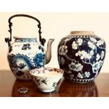 20th CENTURY ORIENTAL TEA POT, STORAGE JAR AND TEA BOWL