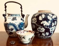 20th CENTURY ORIENTAL TEA POT, STORAGE JAR AND TEA BOWL