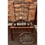 MAHOGANY CHAIR (NO SEAT), BRASS GUARD AND CAST FIRE BACK