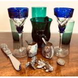 ELEVEN PIECES OF GLASSWARE PLUS PEWTER KNIFE, ETC.