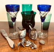 ELEVEN PIECES OF GLASSWARE PLUS PEWTER KNIFE, ETC.