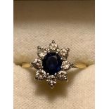 MARKED PLATINUM RING SET WITH BLUE SAPPHIRE APPROX 1.5ct AND EIGHT DIAMONDS APPROX 0.1ct, SIZE P,