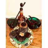 QUANTITY OF SUNDRY DECORATIVE OBJECTS INCLUDING THREE PIPES, TWO BOWLS, VICTORIAN PLATE, PIPE STAND,