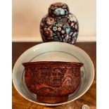 JAPANESE STORAGE JAR WITH COVER - APPROXIMATELY 20CM HIGH, DECORATED BOWL PLUS ANOTHER