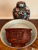 JAPANESE STORAGE JAR WITH COVER - APPROXIMATELY 20CM HIGH, DECORATED BOWL PLUS ANOTHER