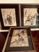 THREE JAPANESE PAINTINGS ON SILK. APPROX. 23 X 17CM