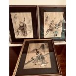 THREE JAPANESE PAINTINGS ON SILK. APPROX. 23 X 17CM