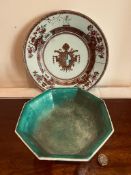 19th CENTURY JAPANESE ARMORIAL PLAQUE AND JAPANESE OCTAGONAL BOWL ARMORIAL PLAQUE HAS BEEN STAPLED