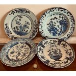 FOUR 19th CENTURY BLUE AND WHITE PLATES ALL WITH VERY GOOD OLD REPAIRS, SOME FORMALLY STAPLED, ETC.